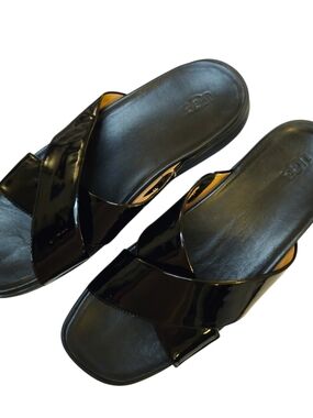 UGG Black Patent Crossband Slide Sandals